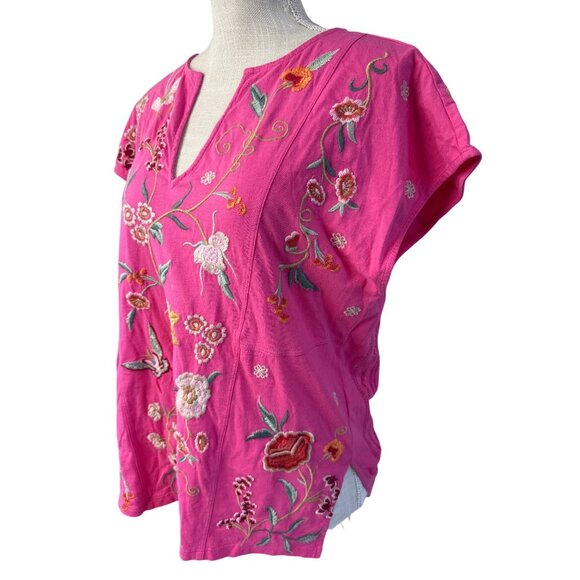 Johnny Was Pink Embroidered Floral Blouse Short Sleeve V-Neck M - Picture 2 of 9